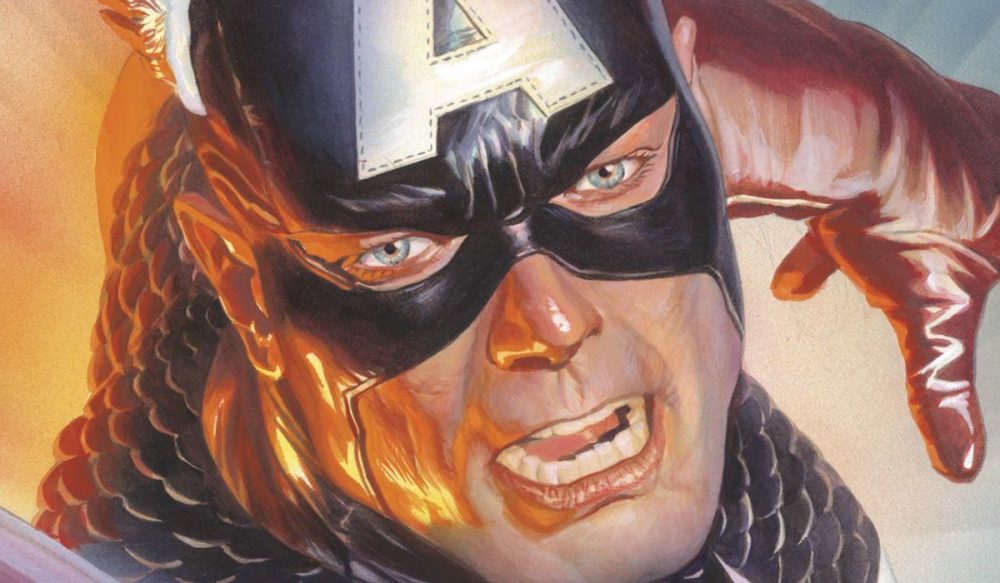 Captain America throwing his shield, painted by the legendary Alex Ross in a hyperrealistic manner.